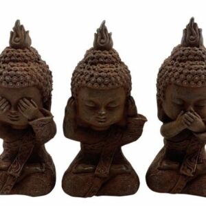 Trío De Budas Sabios 13cm: Ciego, Sordo Y Mudo. Café Oscuro