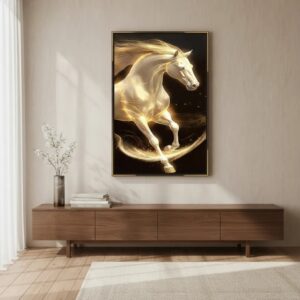 80x140cm Cuadro Colgante Caballo Dorado Con Cristales