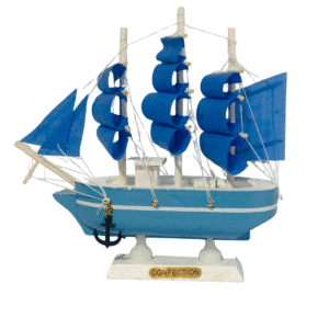 Decoración: Barco Velero De Madera 15cm Color Celeste