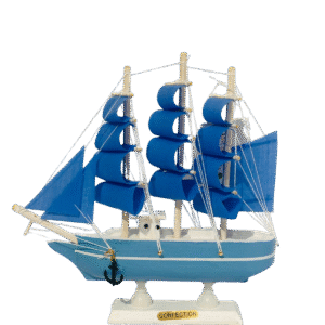 Decoración: Barco Velero De Madera 19cm, Color Celeste