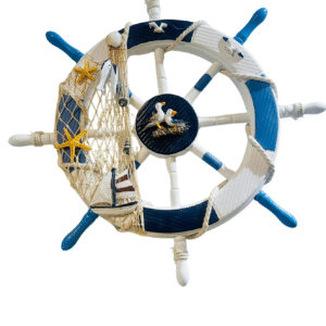 Adorno Timón De Capitán De Madera 58x58cm Tonos Azules