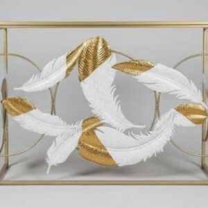 Mesa De Arrimo Elegante, Diseño Plumas Y Tonos Dorados