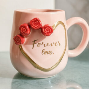 Taza Forever Love Con Rosas En 3D, Color Rosa
