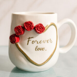 Taza Forever Love Con Rosas En 3D, Color Blanco