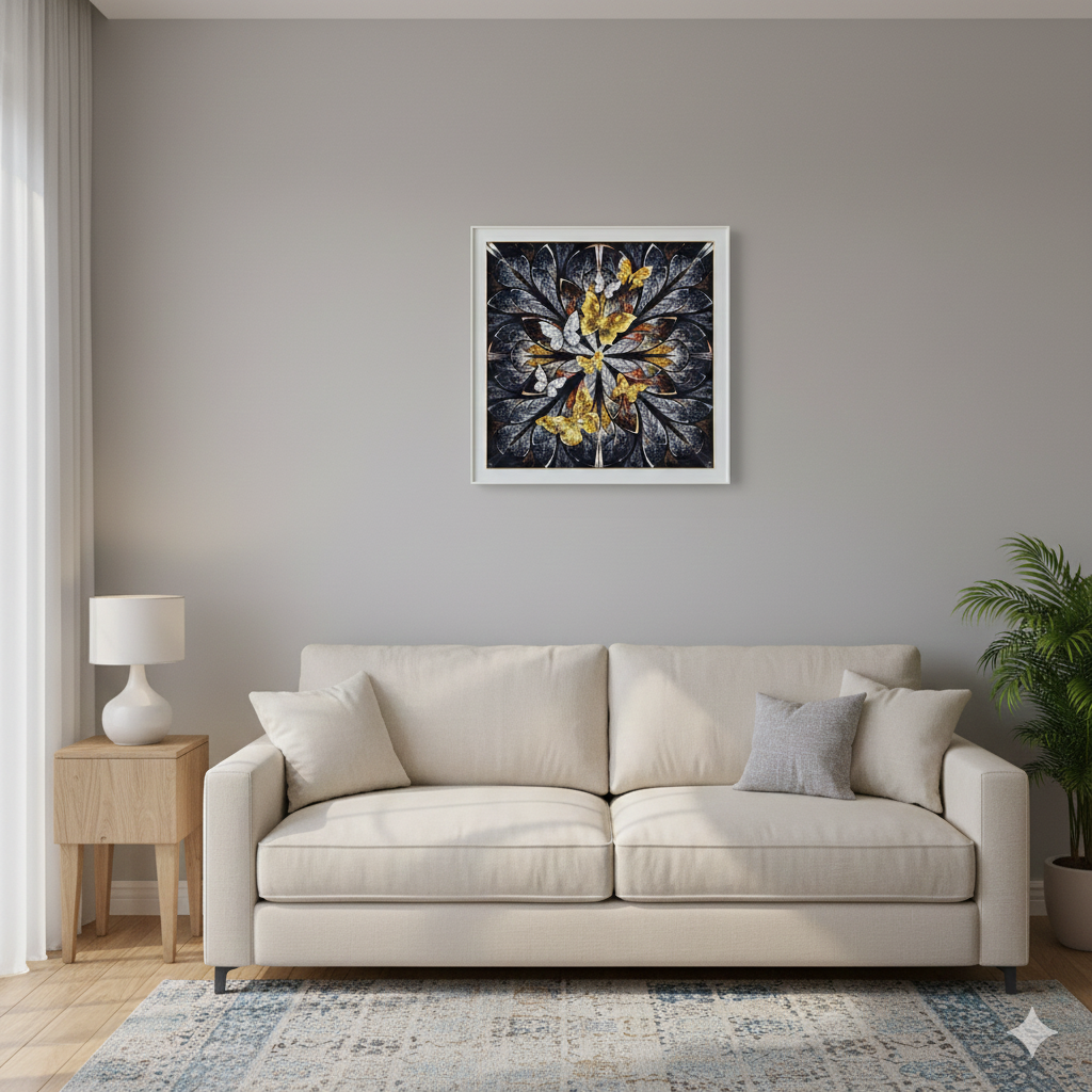 Cuadro de mariposas en tonos dorados y blancos 80x80cm - Imagen 3