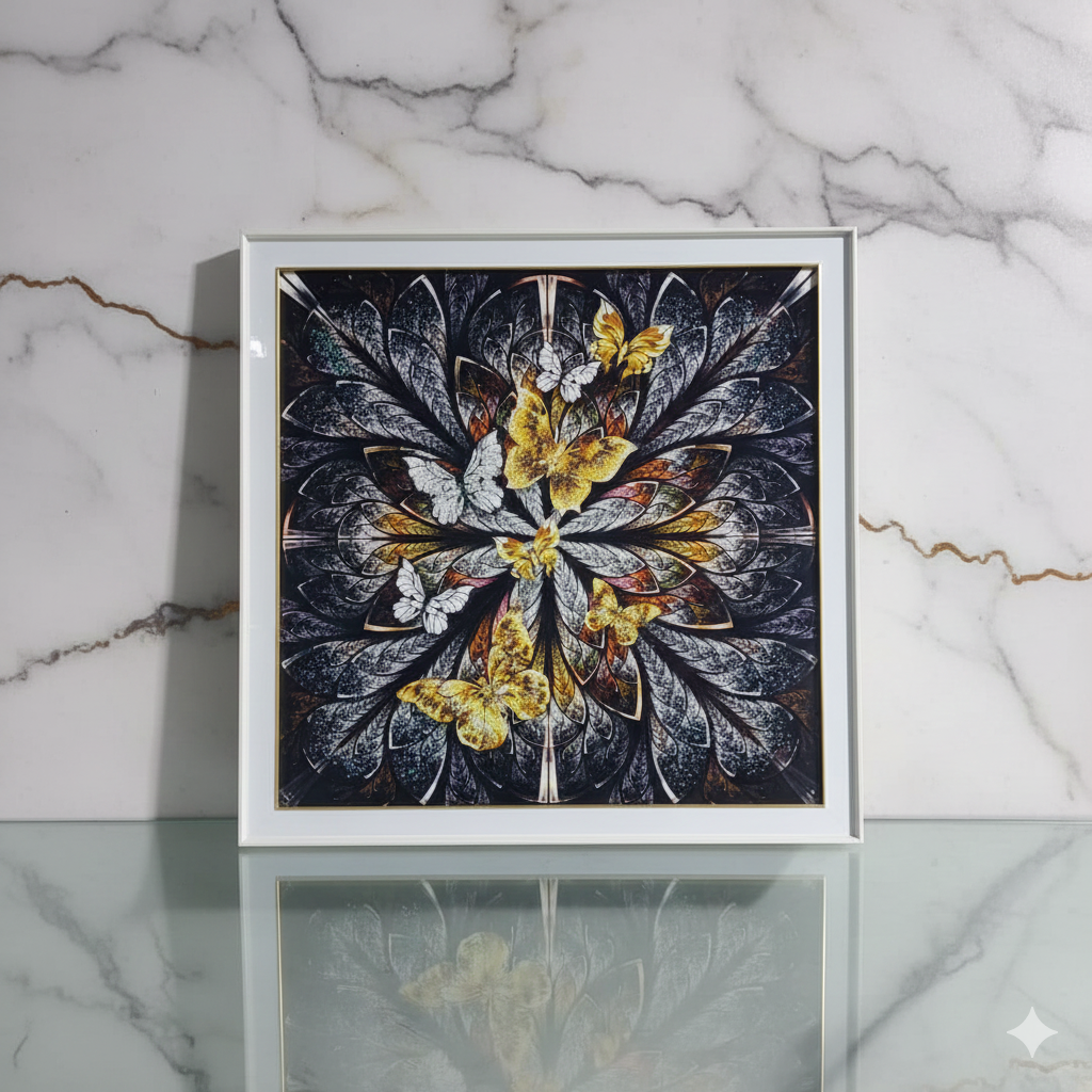 Cuadro de mariposas en tonos dorados y blancos 80x80cm