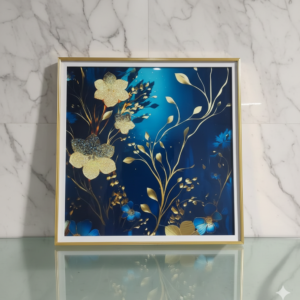 Cuadro Azul con Flores Doradas Minimalista 60x60cm
